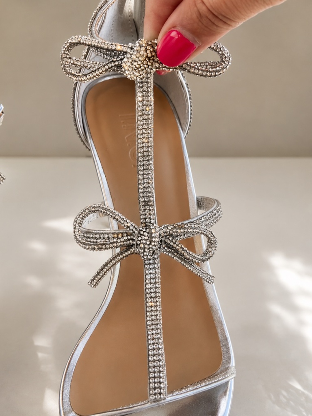 INC International Concepts Silver Rhinestone Bow T-Strap Heels